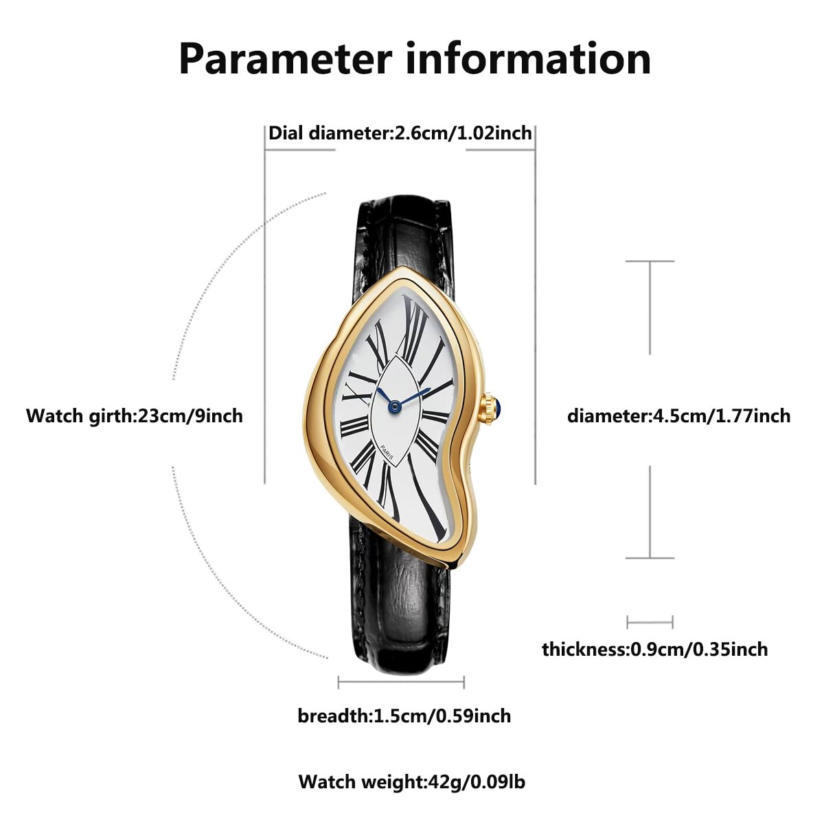 Gosasa Creative Melting Luxury Men's Watch Stylish Analog Quartz Wristwatch with Genuine Leather Strap, Roman Numeral Dial, Waterproof, Business Casual Dress Watch (Gold)