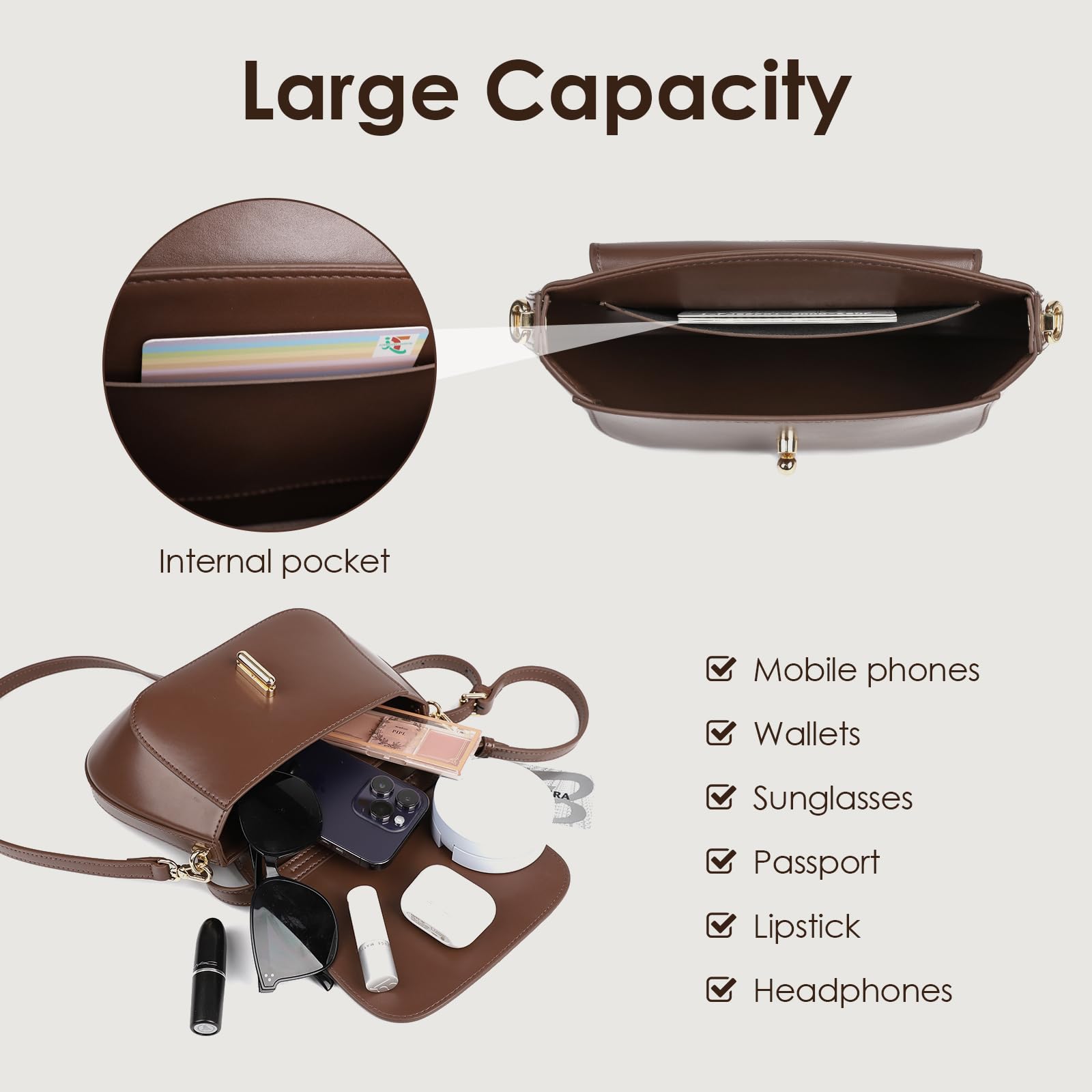 MoreFarther Genuine Leather Crossbody Bags for Women, Structured Handbags Leather Crossbody Purse(Coffee)