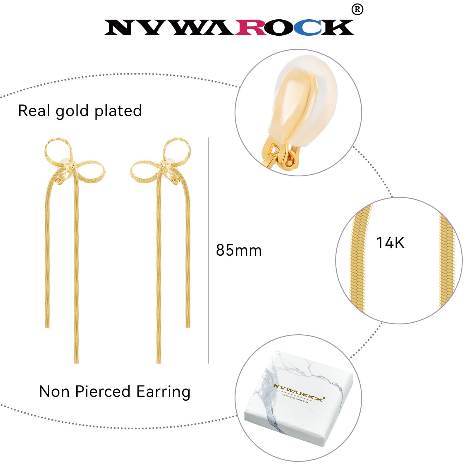 NVWAROCK Cilp-on Gold Bow Earrings Non Pierced Ribbon Bow Dangle Drop Tassel Statement Earring for Women 14K Real Gold Plated Dangling Long chain Earrings