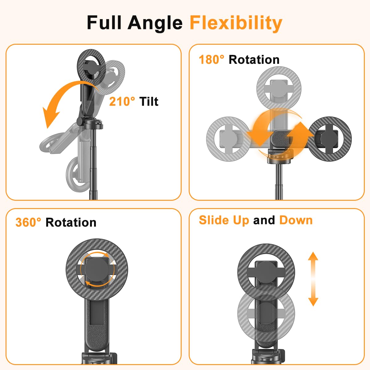 Upgrated 5-in-1 Magnetic Selfie Stick with Remote for Cell Phone 360° Rotation.Can Transforms into Mini Tripod/Camera Grip/Handheld Stabilizer/Phone Stand.Extend to 25 inches