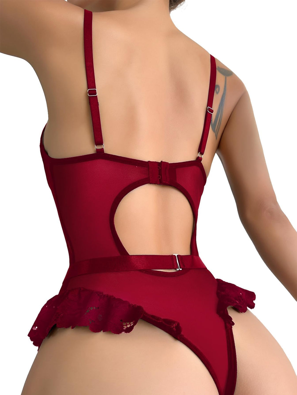 Lilosy Petite Sexy Stocking Lace Mesh Bodysuit Top Underwire Garter Lingerie Set One 3 Piece Bows Push Up Floral Sheer Women Teddy See Through Lenceria Burgundy Red 3X-Small
