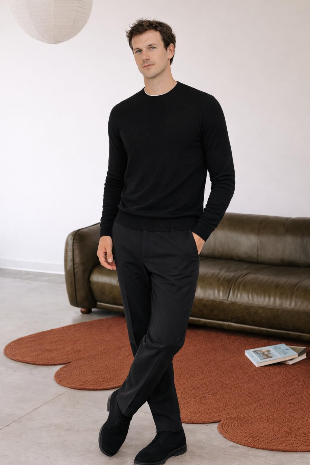 State Cashmere Men's Essential Crewneck Sweater 100% Pure Cashmere Classic Long Sleeve Pullover (Black, Large)