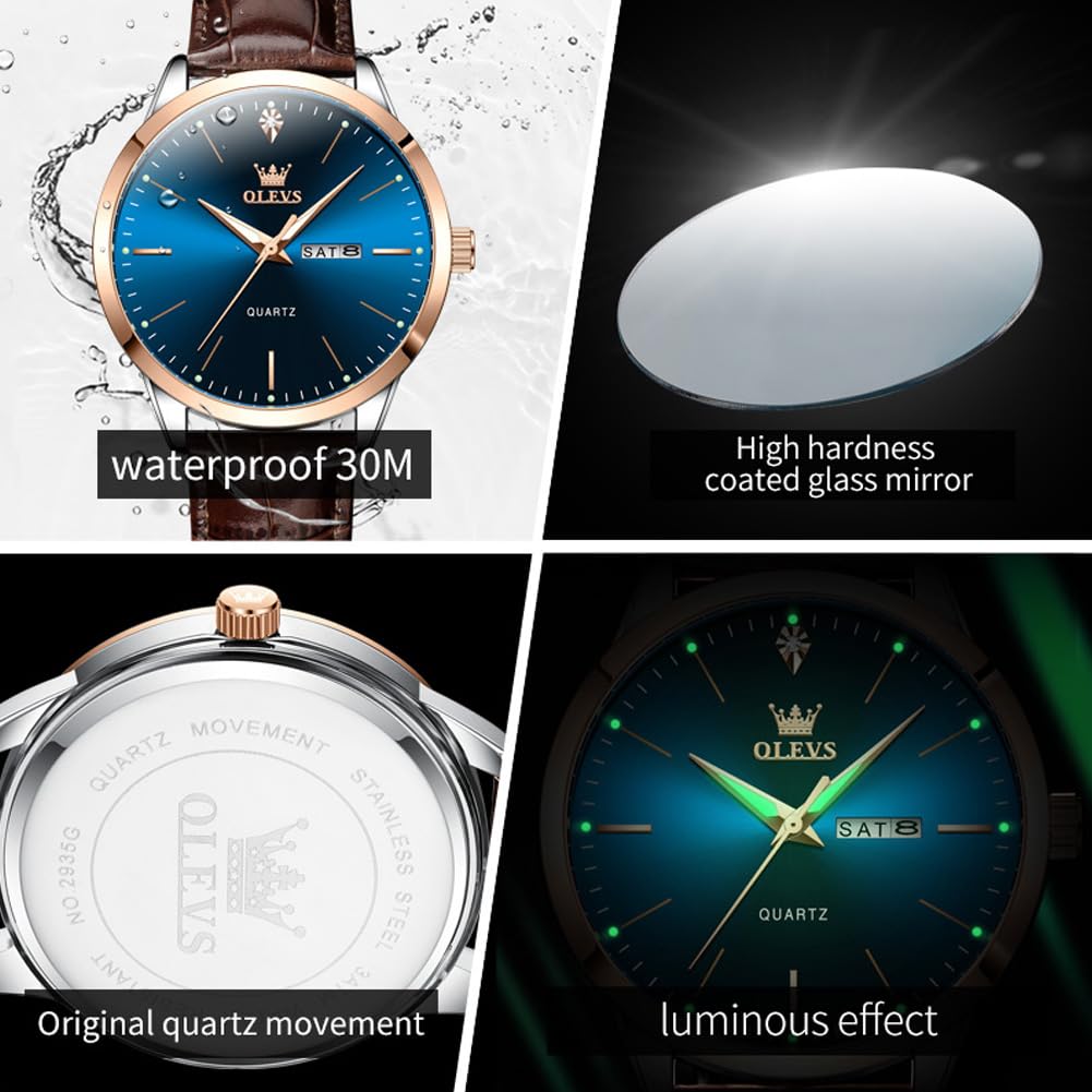 OLEVS Dress Watches Mens Brown Leather Band Waterproof Casual Large Blue Dial Watch for Men Original Classic Stainless Steel Case Luxury Analog Simple Watch Men Classy Fashion Business Watch for Men