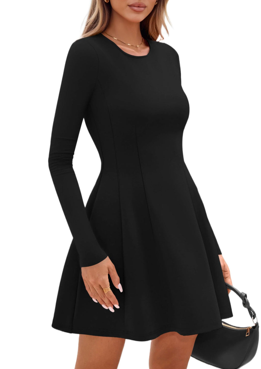PRETTYGARDEN Long Sleeve Mini Dress for Women 2026 Spring Crewneck Knit Pleated Babydoll A Line Casual Short Party Dresses (Black,Large)