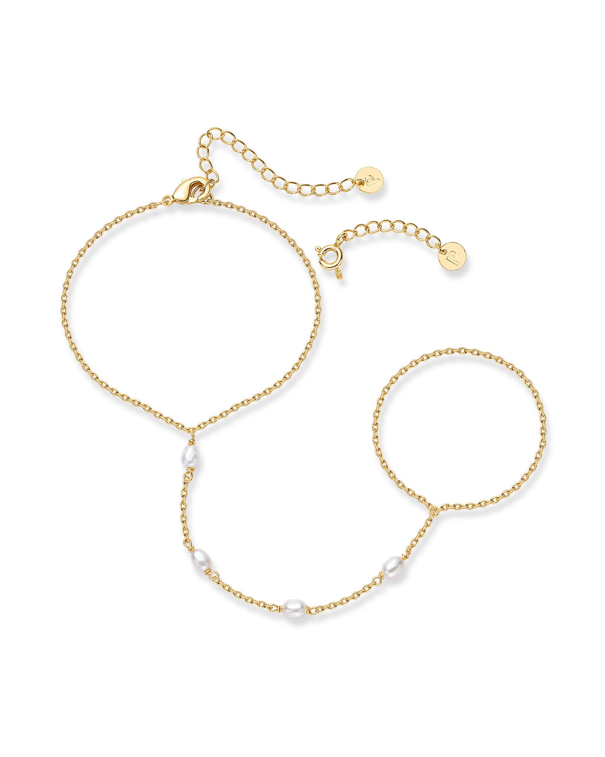 PAVOI 14K Yellow Gold Plated Freshwater Pearl Gold Hand Chain Bracelet for Women - Trendy Ring Bracelet Hand Chain Body Jewelry