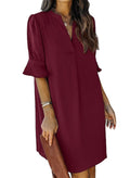 QACOHU Women's Ruffle Short Sleeve V-Neck Straight Casual Casual Elegant Solid Color Simple Dress Red Wine L