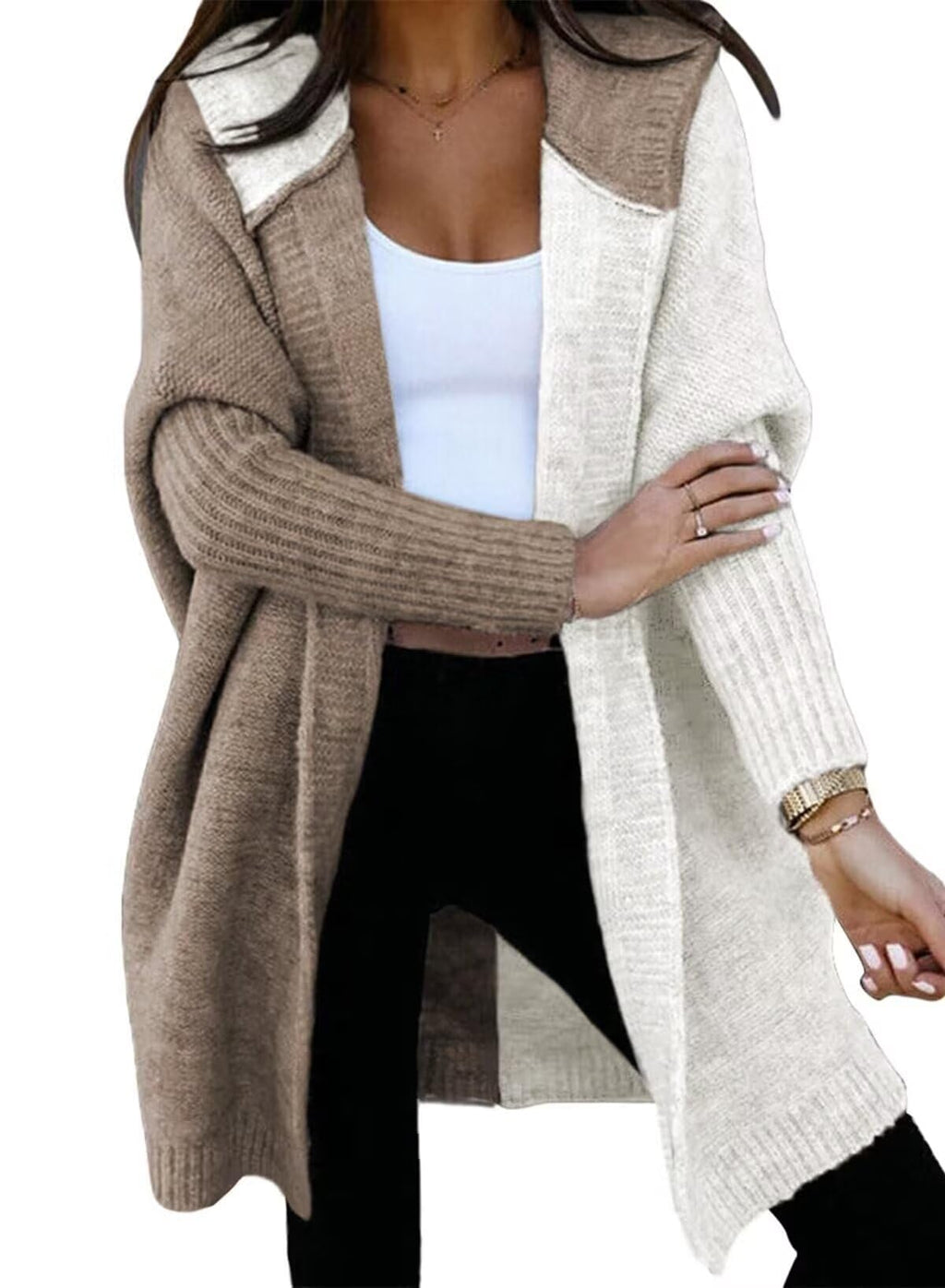 Astylish Women Fall Outfits Long Sleeve Open Front Knit Cardigan Hoodie Outwear Color Block Sweater Khaki Small