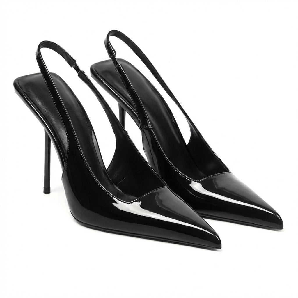 Women's Slingback Stiletto High Heels Pointed Toe Slip On Pumps Shoes Patent Leather Stretch Strap Backless Dress Heels Black