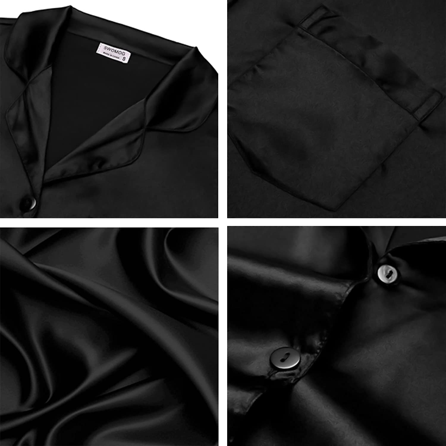 SWOMOG Long Sleeve Pajamas Set Silk Satin Sleepwear Button Down Pjs Loungewear with Pocket Black X-Large