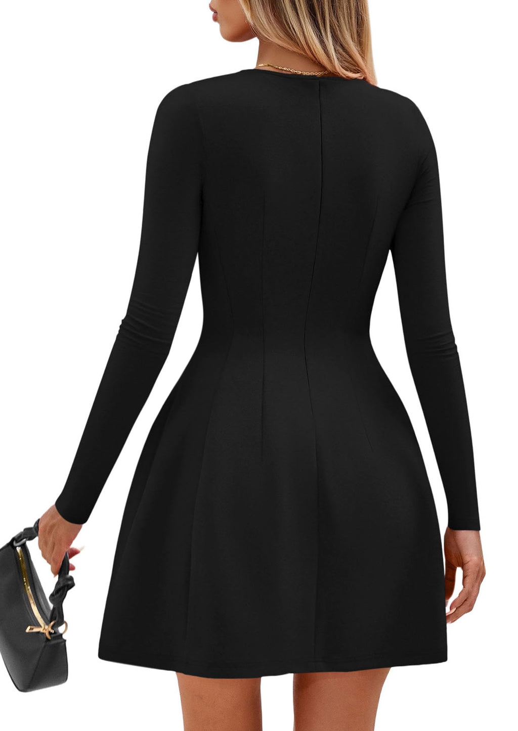 PRETTYGARDEN Long Sleeve Mini Dress for Women 2026 Spring Crewneck Knit Pleated Babydoll A Line Casual Short Party Dresses (Black,Large)