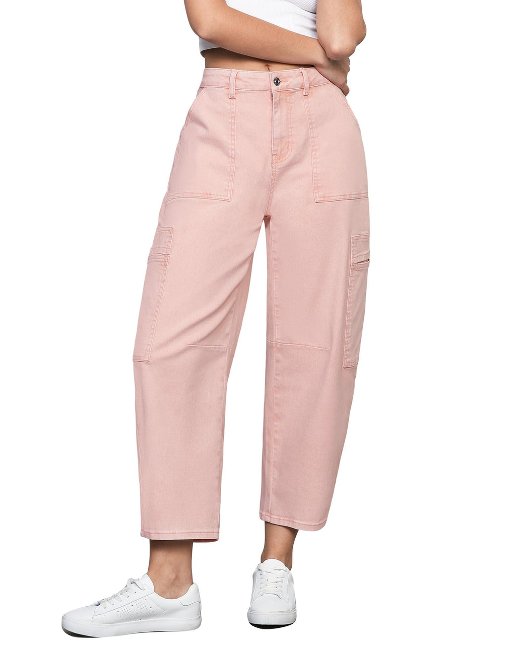 GRAPENT Women's Trendy Summer Casual Cropped Barrel Leg Stretchy Jeans - Candy Pink, Size 12 to 14