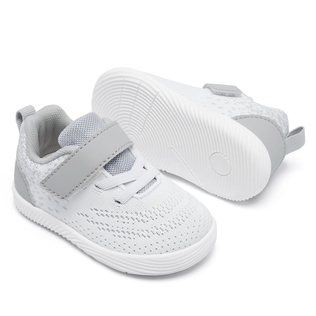 MORENDL Toddler Sneakers Baby Boys & Girls Barefoot Shoes Lightweight Breathable Walking Running Tennis Athletic Sport Shoes White Gray 6-9 Months Size 4