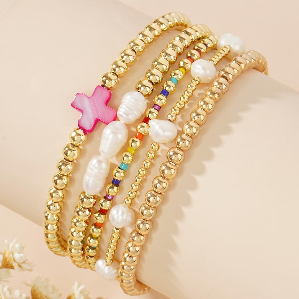 SHINUS BOHO 14K Gold Pearl Beaded Cross Bracelets Stack Set for Women,Stretch Pink Beads Ball Jewelry Friendship Summer Vacation Outfit Trendy Stocking Stuff Gift