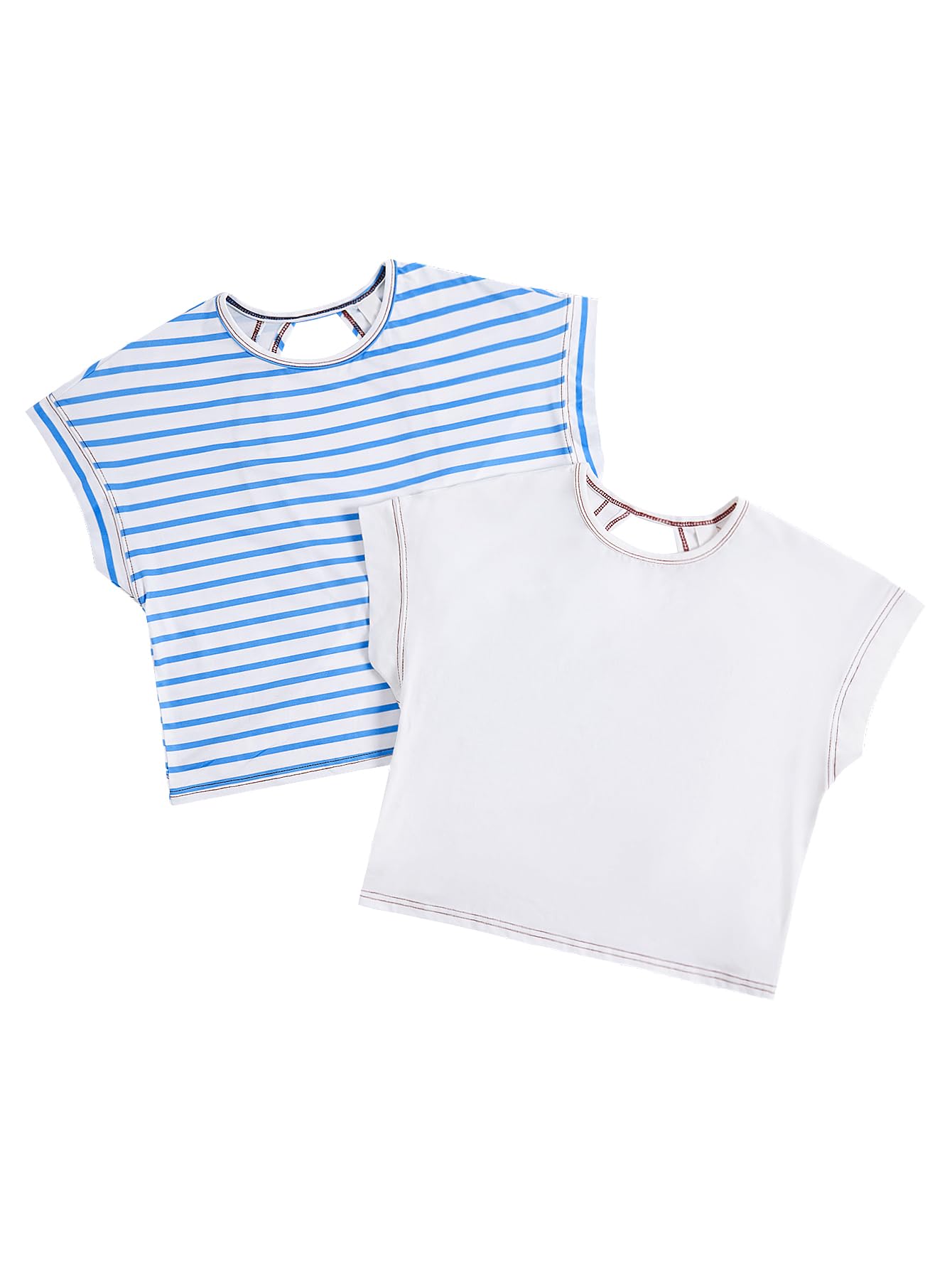 WDIRARA Girl's 2 Pack Open Back T Shirts Crew Neck Criss Cross Short Sleeve Tees Blue and White 12Y