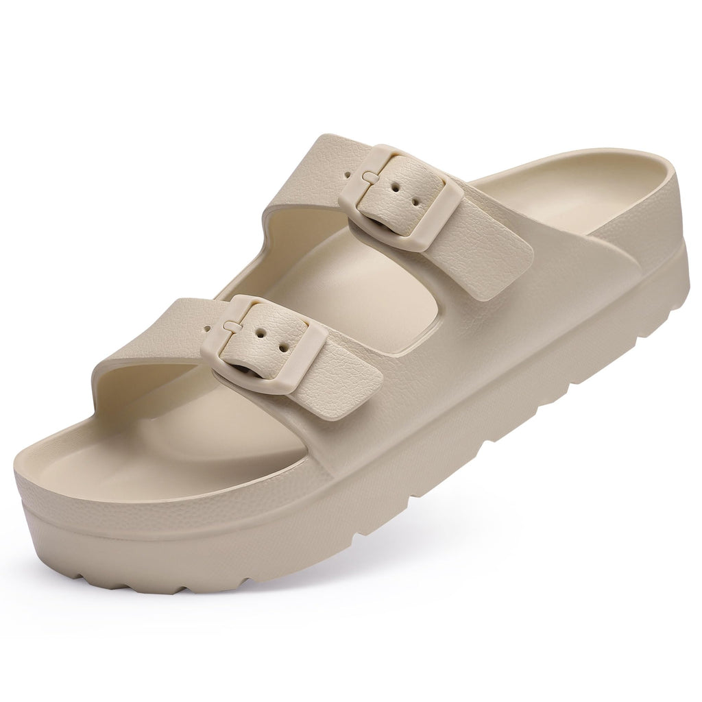 Goosecret Women's Platform Sandals with Arch Support Chunky Lightweight Foam Slip on Slides Comfortable Summer Beach Sandals with Adjustable Buckle Nude, 39(size 8-8.5)