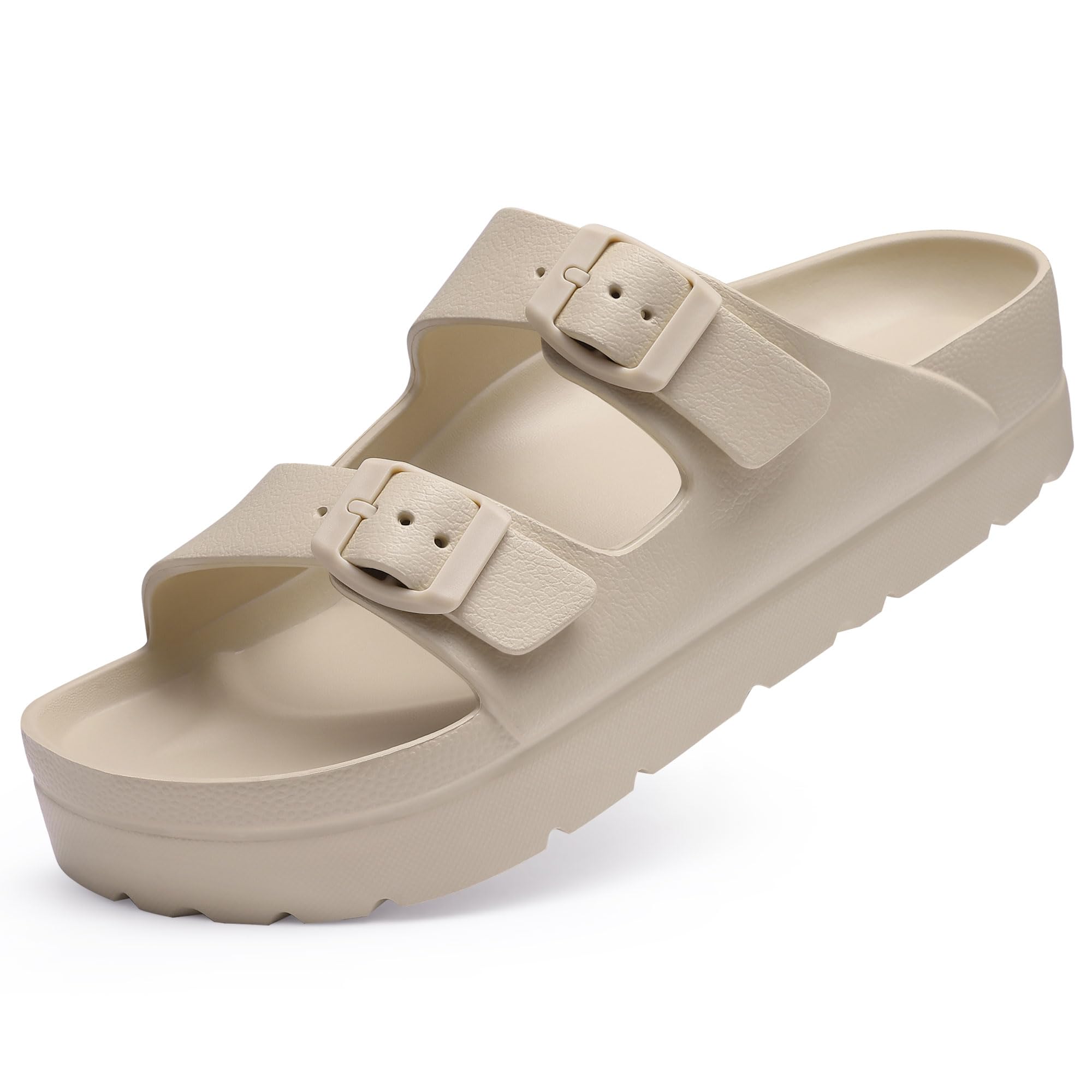 Goosecret Women's Platform Sandals with Arch Support Chunky Lightweight Foam Slip on Slides Comfortable Summer Beach Sandals with Adjustable Buckle Nude, 39(size 8-8.5)