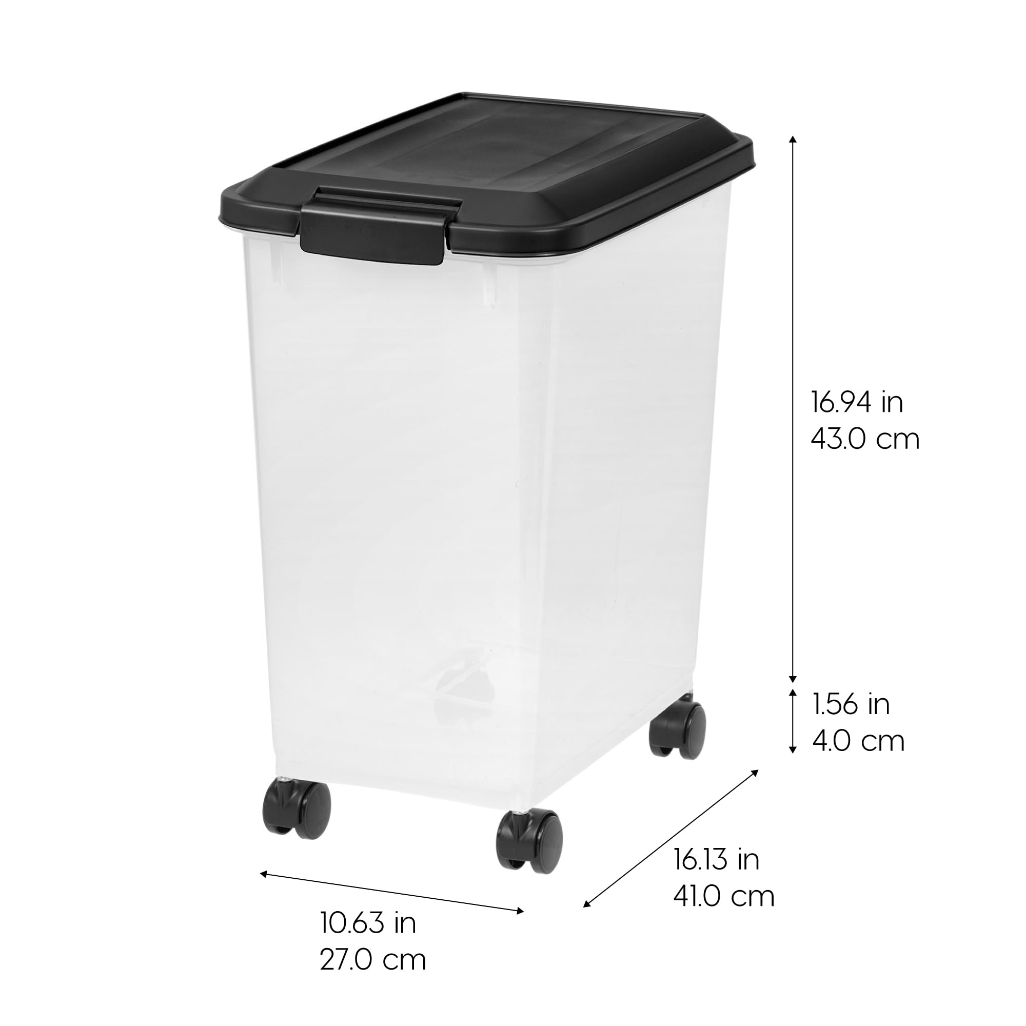 IRIS USA Dog Food Storage Container, 2 Pack, Up to 30 lbs Each, Airtight Seal for Freshness, Wheels for Rolling, Easy One Hand Opening, Made in USA, BPA Free, Clear/Black