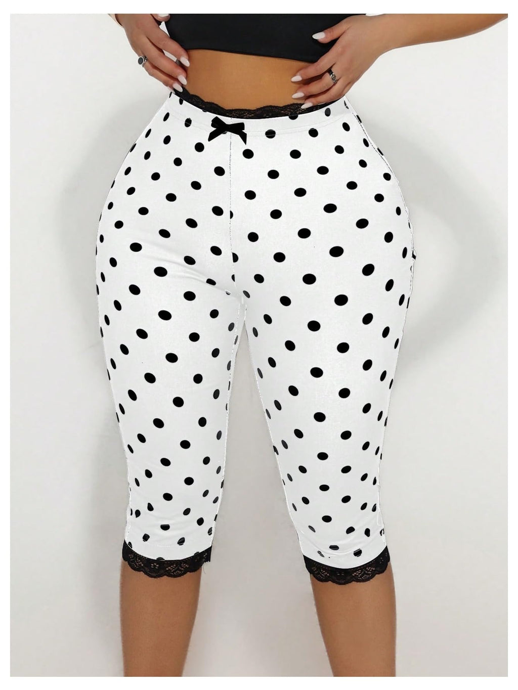 WDIRARA Women's Polka Dots Capris Pants Lace Trim Elastic High Waisted Skinny Yoga Leggings White Large