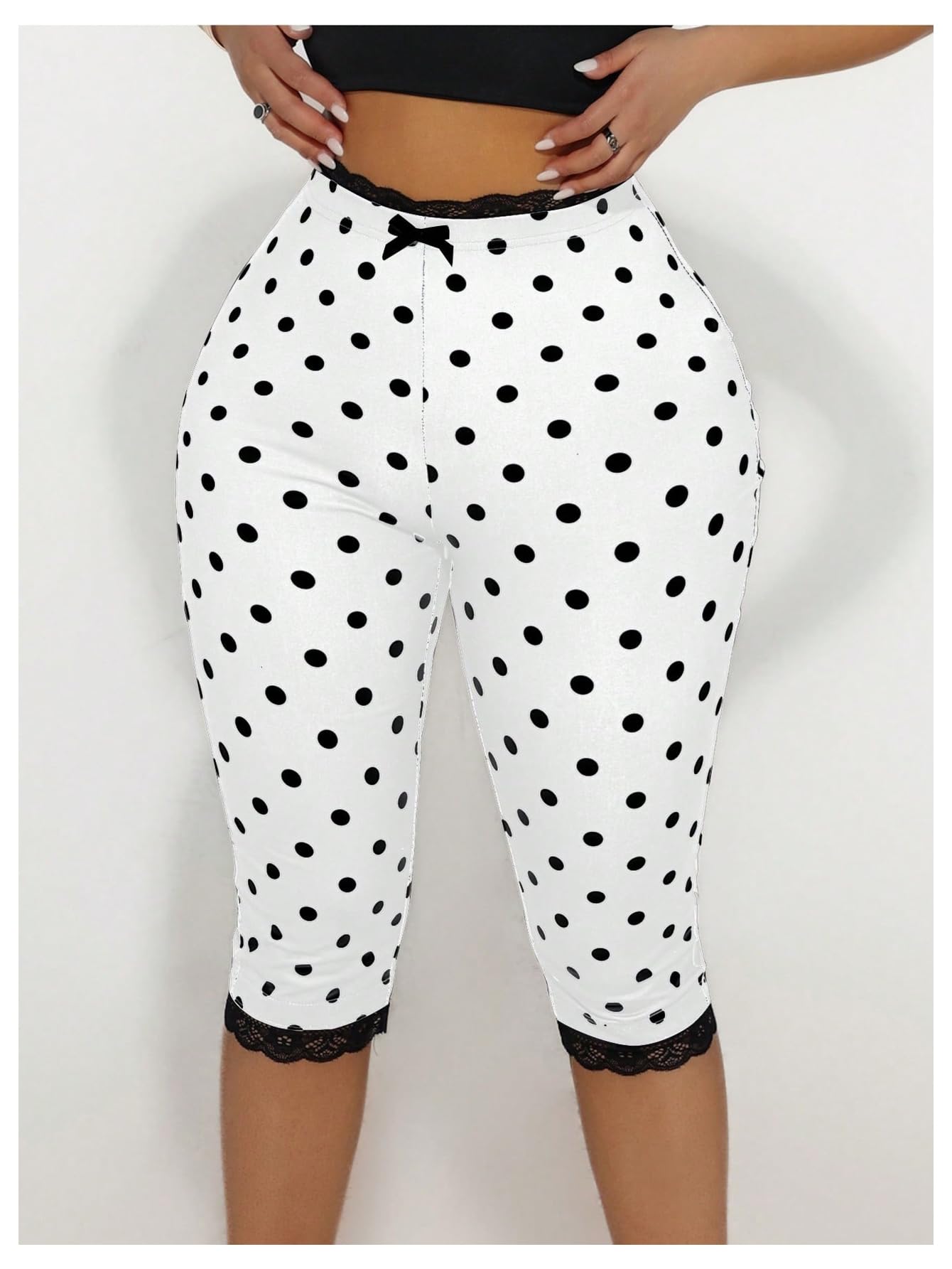WDIRARA Women's Polka Dots Capris Pants Lace Trim Elastic High Waisted Skinny Yoga Leggings White Large