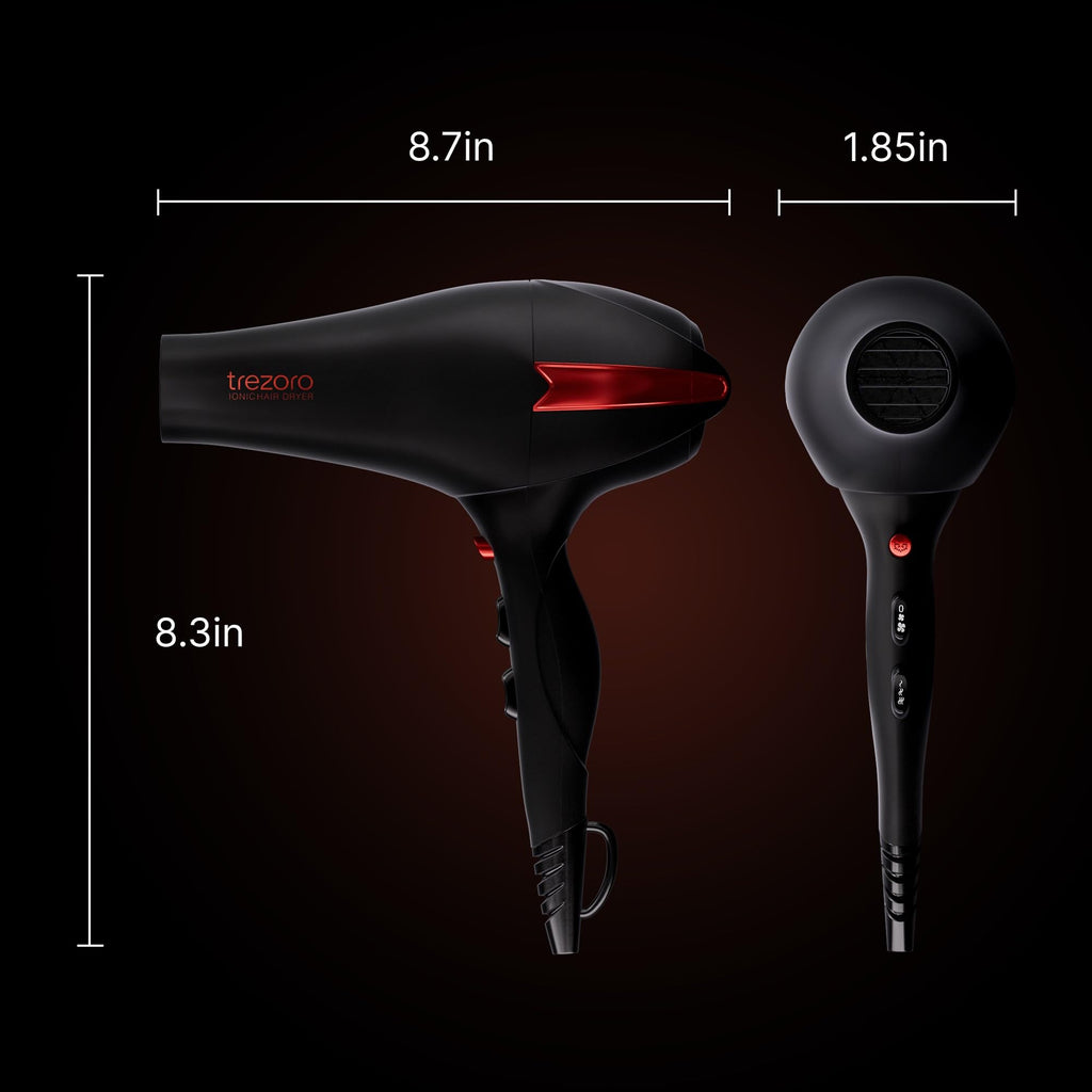 TREZORO Professional Blow Dryer for Women – Ionic Hair Dryer 2000W for Salon & Personal Use – Powerful, Fast & Quiet Drying for Curly Hair, Unwanted Frizz – Design for Travel – 8.2ft Cord – Black