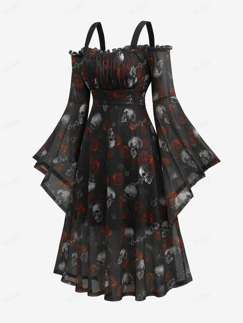 Rosegal Plus Size Women Medieval Renaissance Costume - Gothic Bell Sleeves Cold Shoulder Skulls Rose Mesh Dress - Halloween Witch Cosplay (Black 2/L)