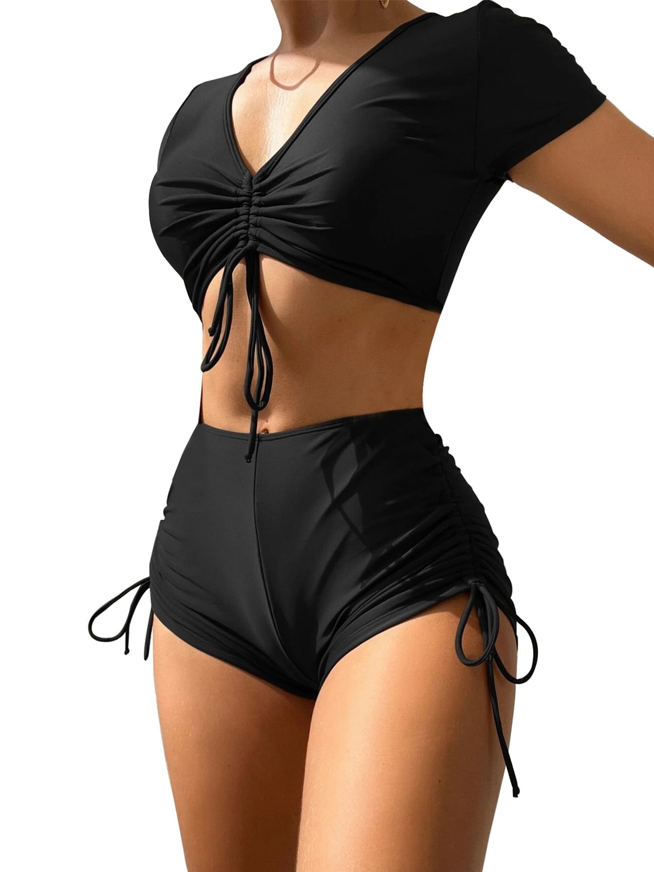 Lilosy High Waisted Tummy Control Drawstring Bikini Set Srting Swimsuit Short Sleeve Top and Tie Side Shorts 2 Piece Women Bathing Suit Black 2# Medium