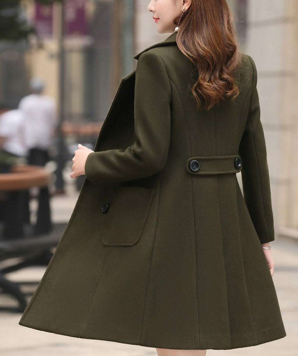 chouyatou Women Elegant Notched Collar Double Breasted Wool Blend Over Coat (Medium, Army green)
