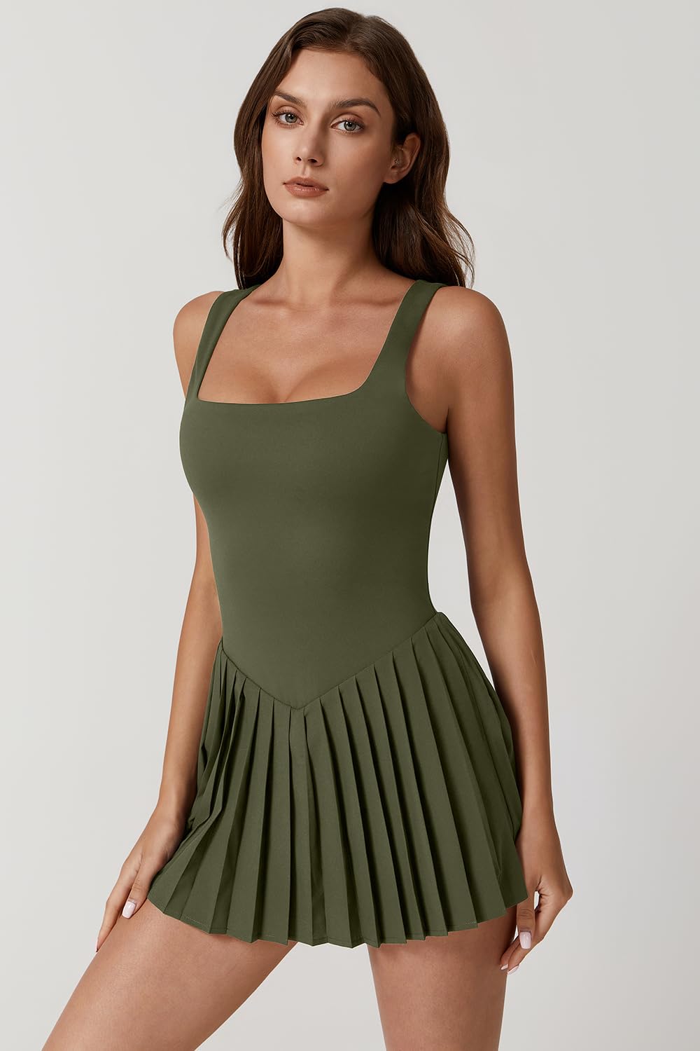 QINSEN Womens Pleated Tennis Summer Square Neck Workout Dress with Built-in Shorts Army Green S