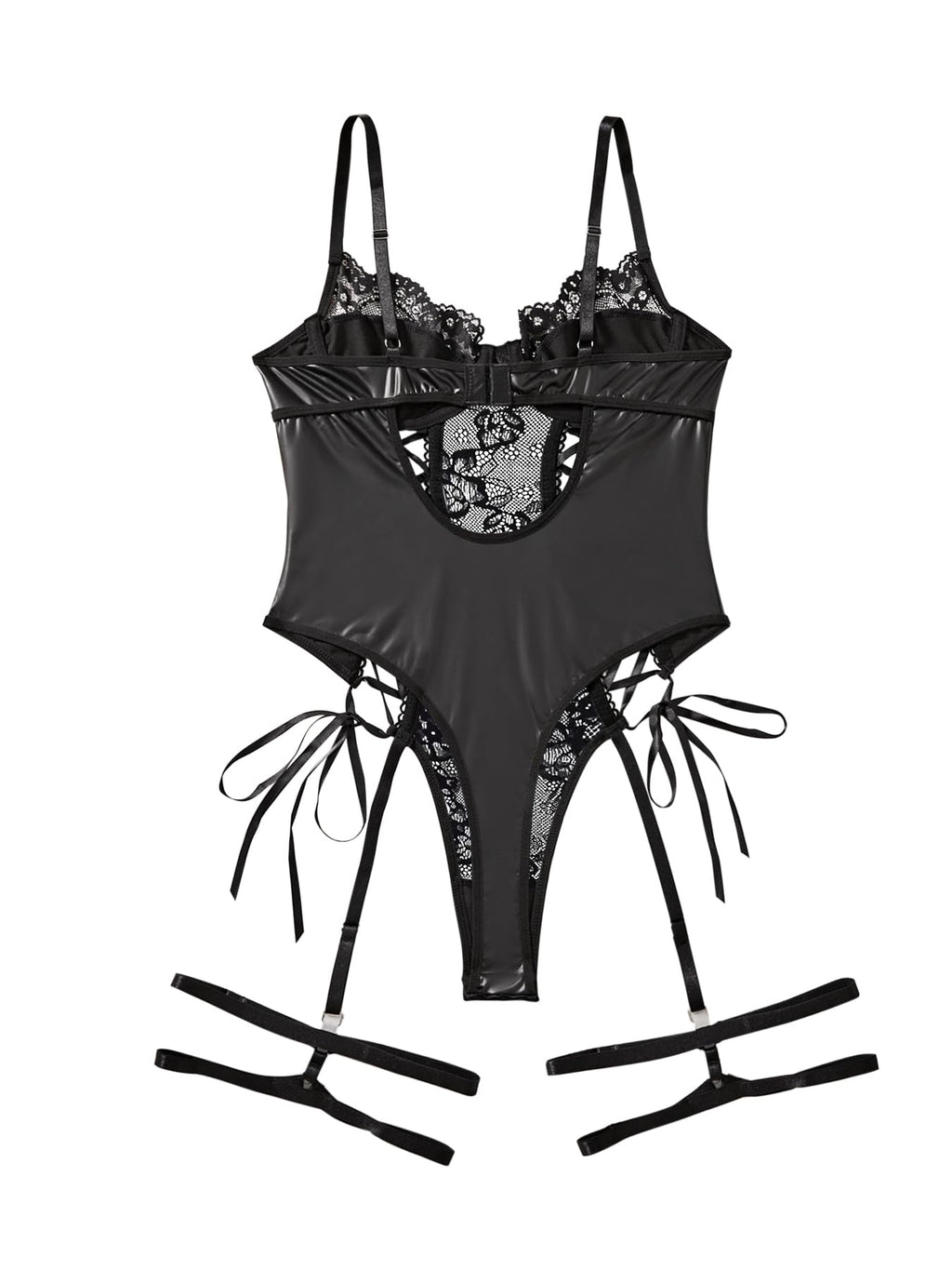 Lilosy Sexy Lace Up Floral Garter Underwire Teddy Bodysuit Lingerie Belt Women Top One Piece PU Black Petite 2X-Small