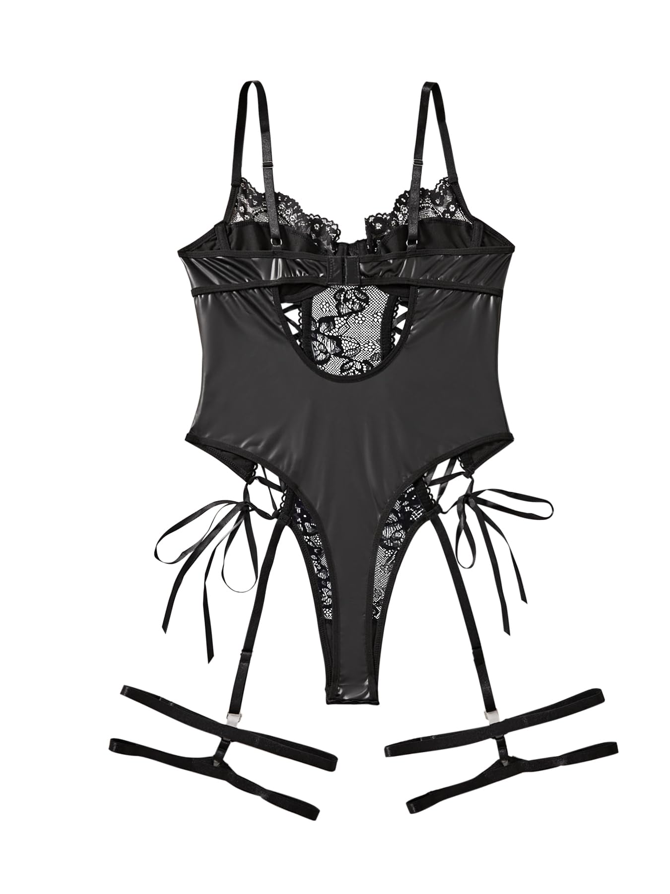 Lilosy Sexy Lace Up Floral Garter Underwire Teddy Bodysuit Lingerie Belt Women Top One Piece PU Black Petite 2X-Small