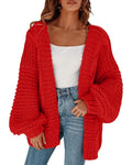 Cicy Bell Women's Open Front Chunky Knit Cardigan Loose Lantern Sleeve Oversized Sweater Coats (Red,X-Large)