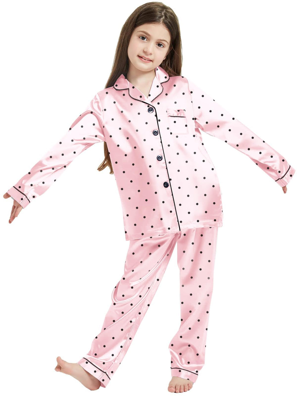 Schbbbta Silk Satin Pajamas for Girls Womens Loungewear Two-Piece Sleepwear Button-Down Pj Set, T - Pink Polka Dots, 5-6 Years = Tag 130