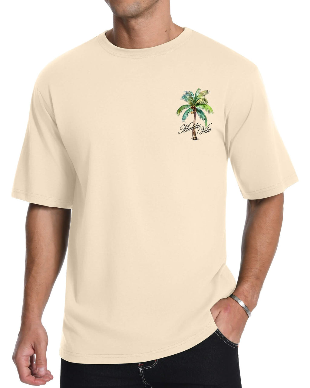 Mens Graphic T-Shirts Short Sleeve Malibu Vibe Palm Tree Print Top 100% Cotton Casual California Tees for Men Apricot