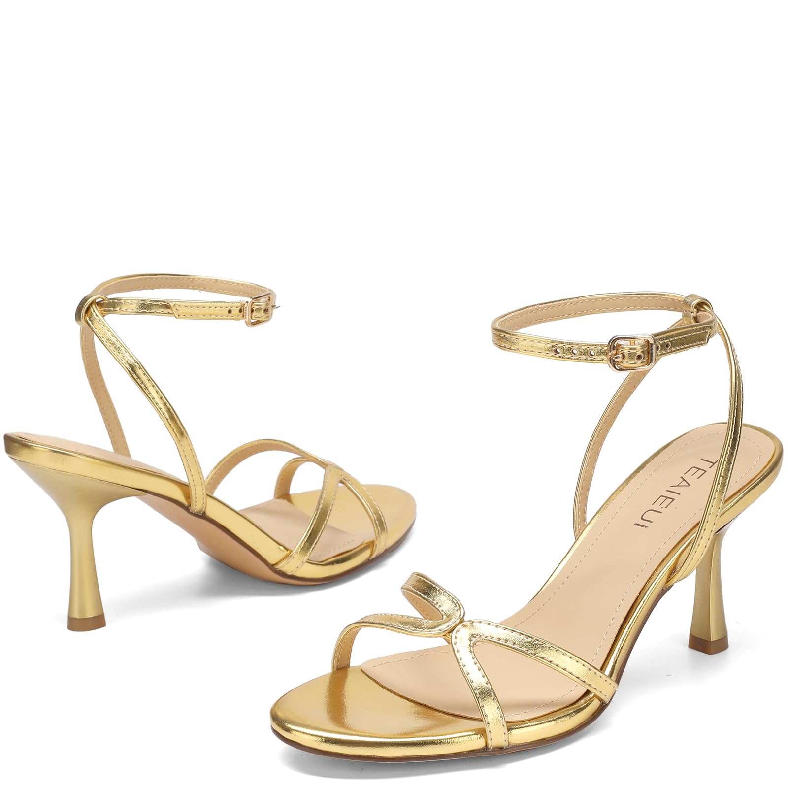 TEAIEUI Women's Strappy Stiletto Sandals 3 Inch High Heels with Round Toe and Buckle Ankle Strap Dressy Open Toe Heeled Sandals for Casual Work Party and Daily Wear