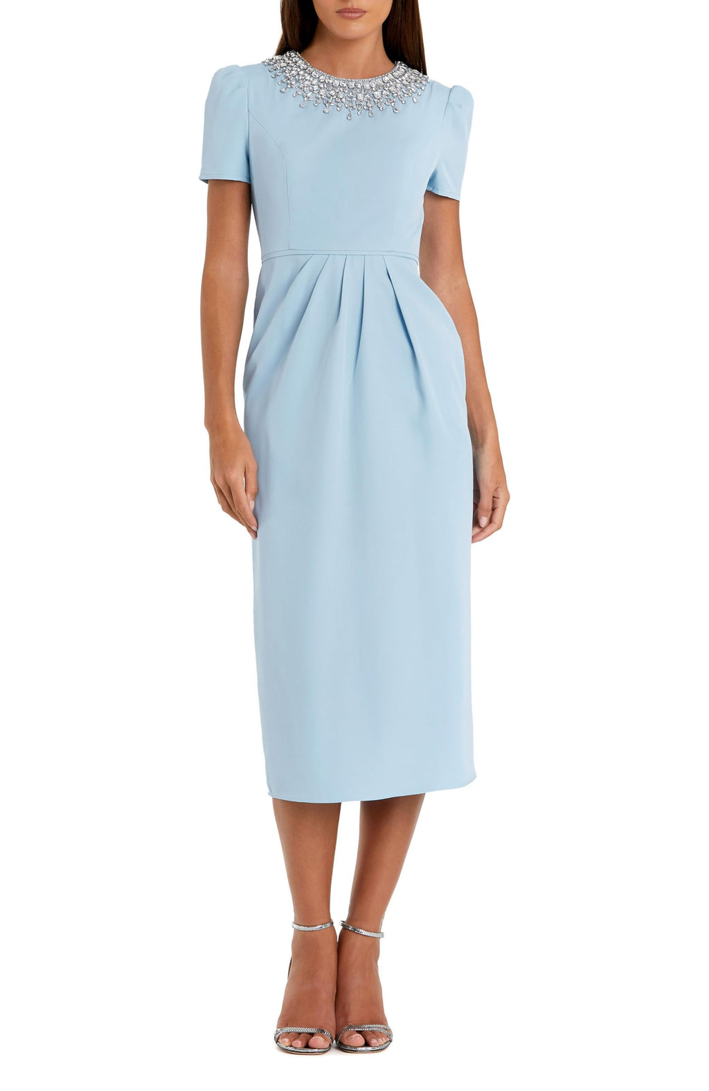 Hand Embellished Rhinestone Neckline Column Dress French Blue