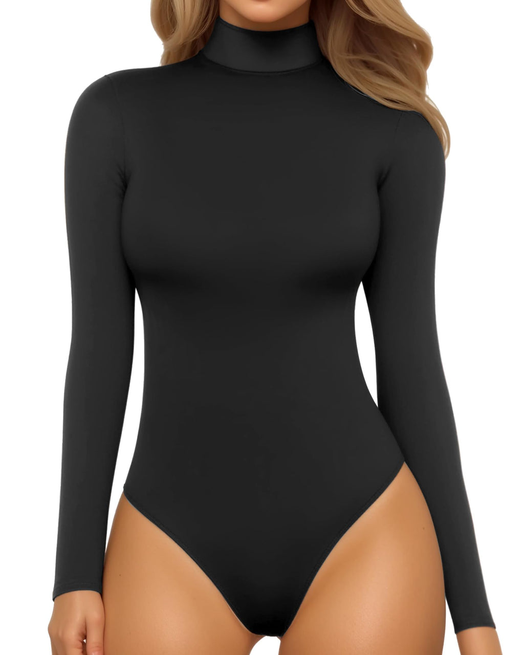 MANGOPOP Women's Mock Turtle Neck Long Sleeve Tops Bodysuit Jumpsuit Black Medium