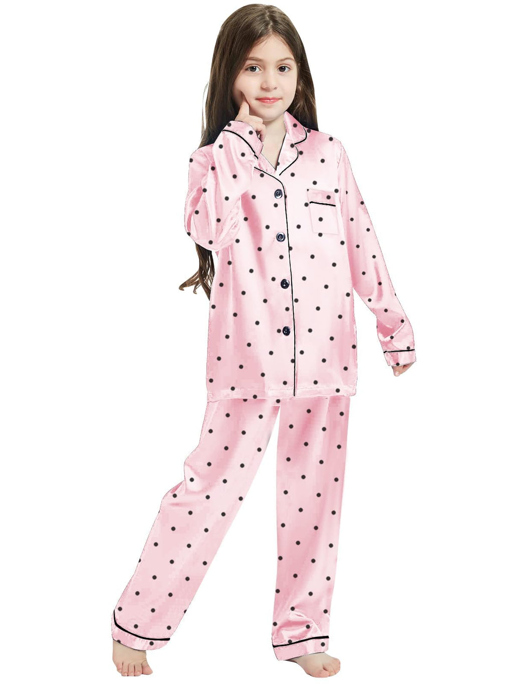 Schbbbta Silk Satin Pajamas for Girls Womens Loungewear Two-Piece Sleepwear Button-Down Pj Set, T - Pink Polka Dots, 5-6 Years = Tag 130