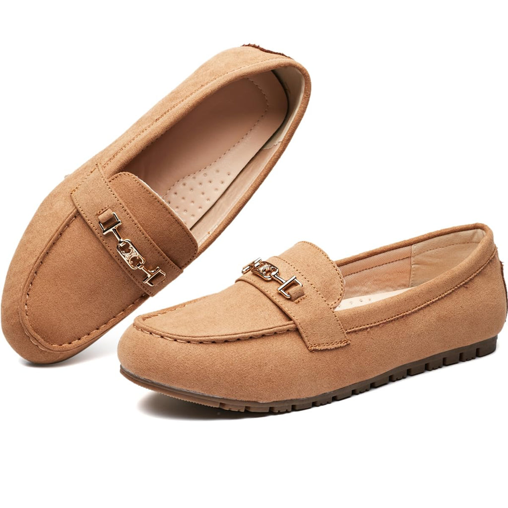 XRKJ Loafers for Women Comfortable Slip On Flats with Memory Foam Insole for Daily Wearing (Tan 6.5)