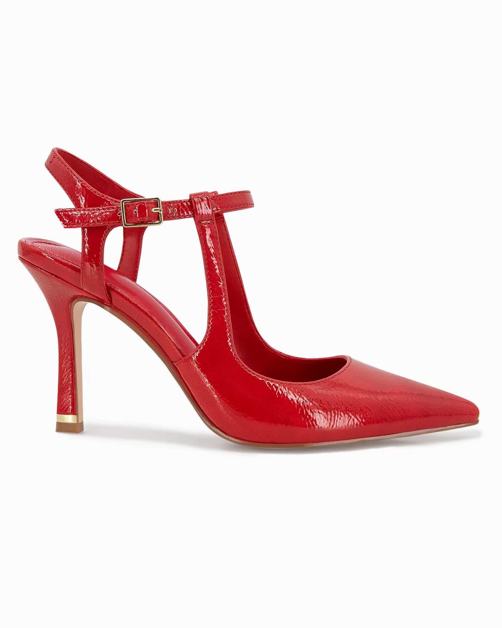 Coutgo Womens High Heels Pointed Toe Ankle Strap Pumps Patent Leather Sexy Stiletto Office Wedding Dress Shoes, Red, Size 8