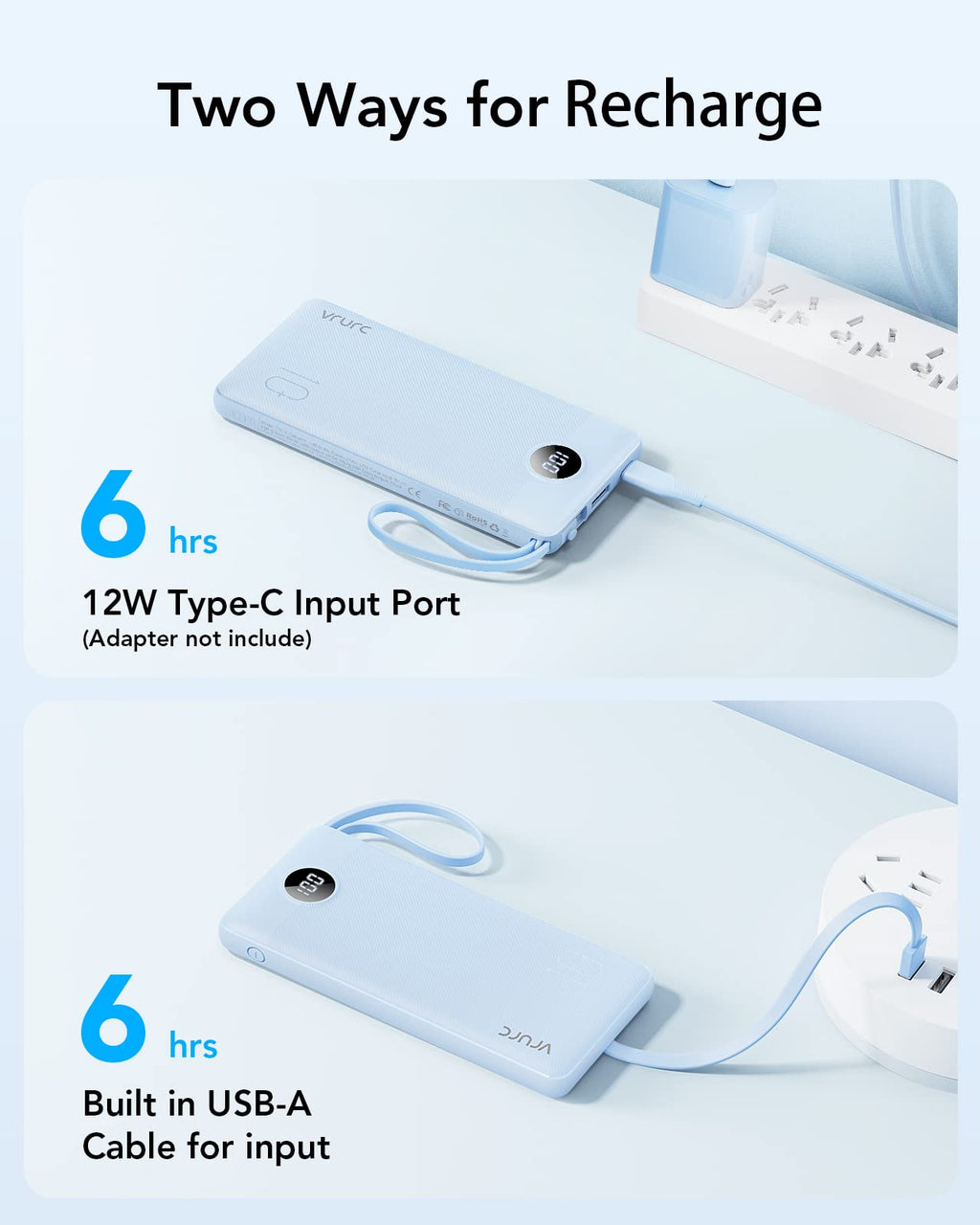 VRURC Portable Charger for iPhone, Built in Cables & Lanyard Power Bank 10000mAh, Compact USB C Charging Bank 5 Outputs for Multi Devices,Travel Essential for Hiking Camping Business Cruise Ship-Blue