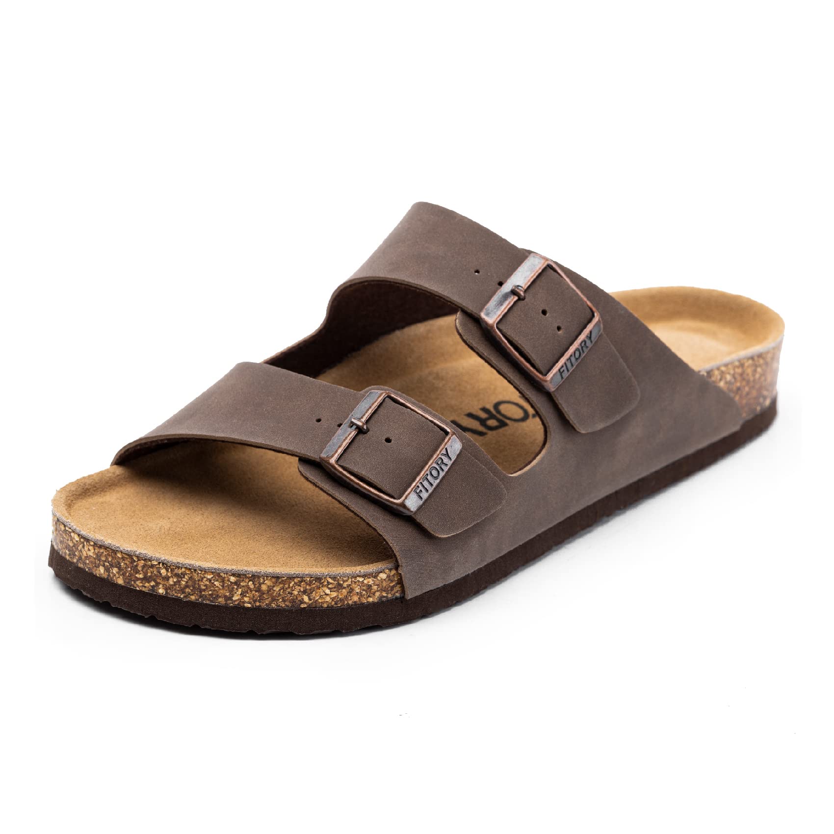 FITORY Mens Leather Insole Sandals with Two Buckles,Open Toe Slides for Indoor and Outdoor Brown Size 10-10.5