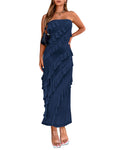 BTFBM Women Summer Elegant Strapless Midi Ruched Bodycon Dress Solid Color Stretch Mesh Slim Party Cocktail Dresses