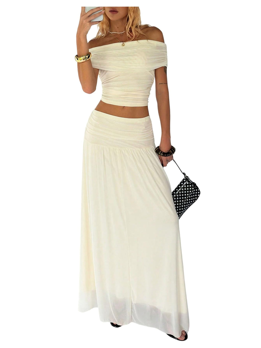 WDIRARA Women's 2 Piece Skirt Outfits Ruched Off Shoulder Top Maxi Skirt Set Beach Vacation Outfits Apricot Medium