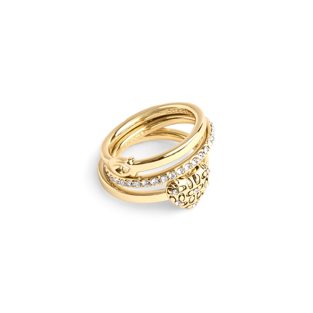 Coach, Women's, Signature Quilted Heart Ring Set, Crystal/Gold, Ring Size 7