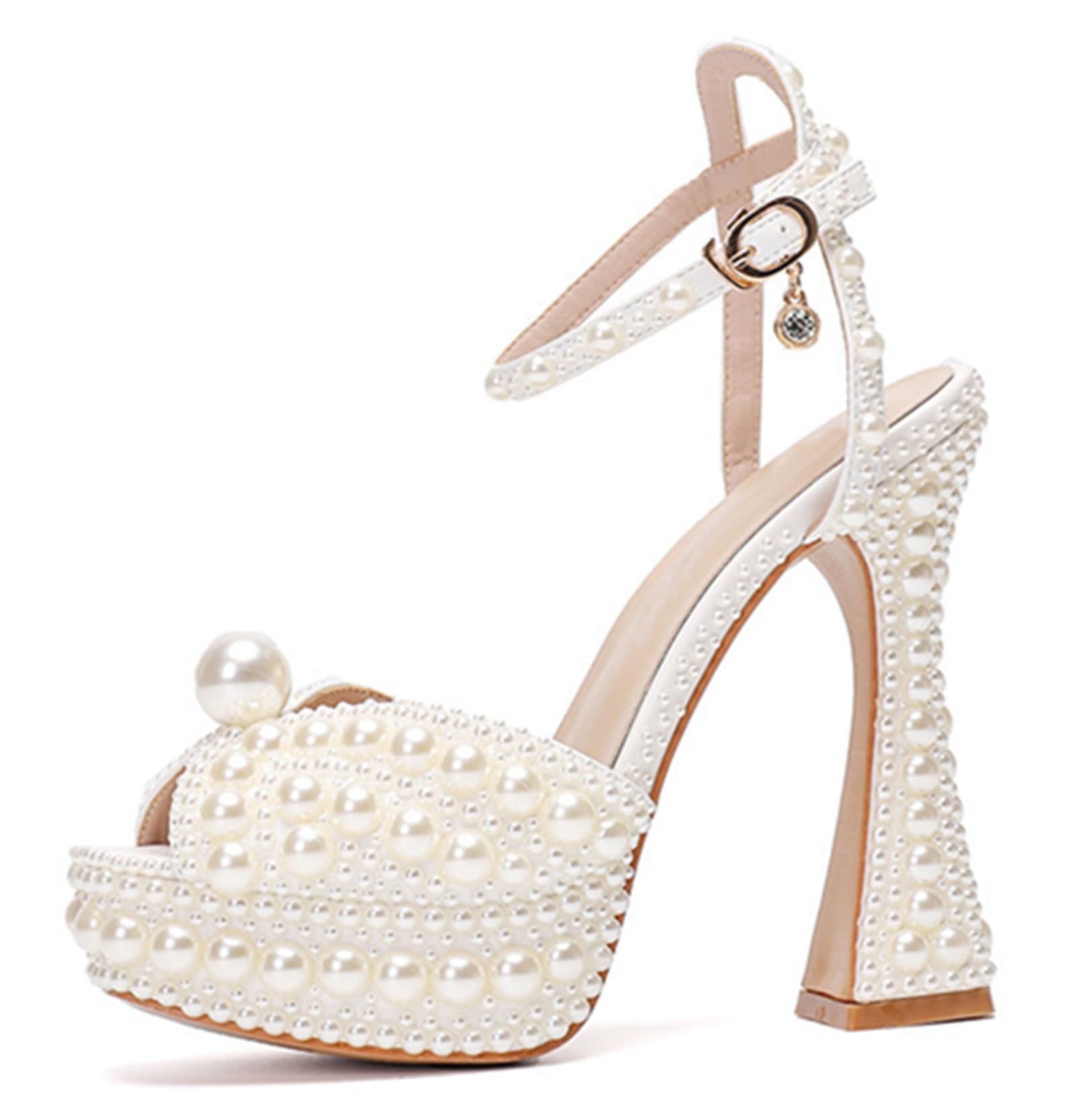 Minishion Womens Platform Wedding Shoes Slingback High Heel Party Evening Sandals with Pearl LH003 Ivory US 8