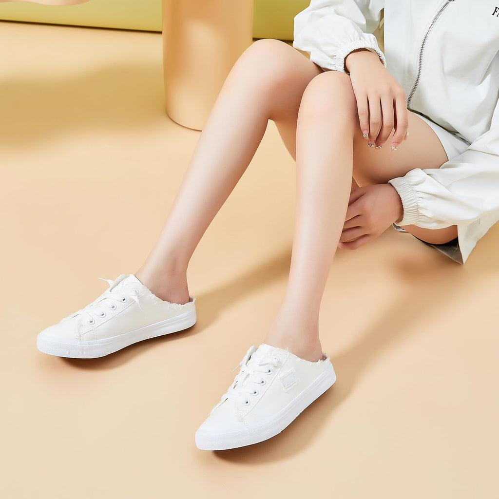 BENPAO Womens Canvas Mules White Slip on Fashion Sneakers Black Loafers Comfortable Casual Shoes for Women(White,US5.5)