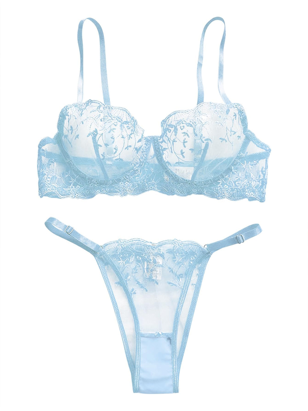 Lilosy Petite Sexy Leaf Floral Embroidered Mesh Sheer Women Underwire Push Up Lingerie Set See Through Cute Bra Panty 2 Piece Flower Light Blue 3X-Small