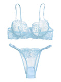Lilosy Petite Sexy Leaf Floral Embroidered Mesh Sheer Women Underwire Push Up Lingerie Set See Through Cute Bra Panty 2 Piece Flower Light Blue 3X-Small