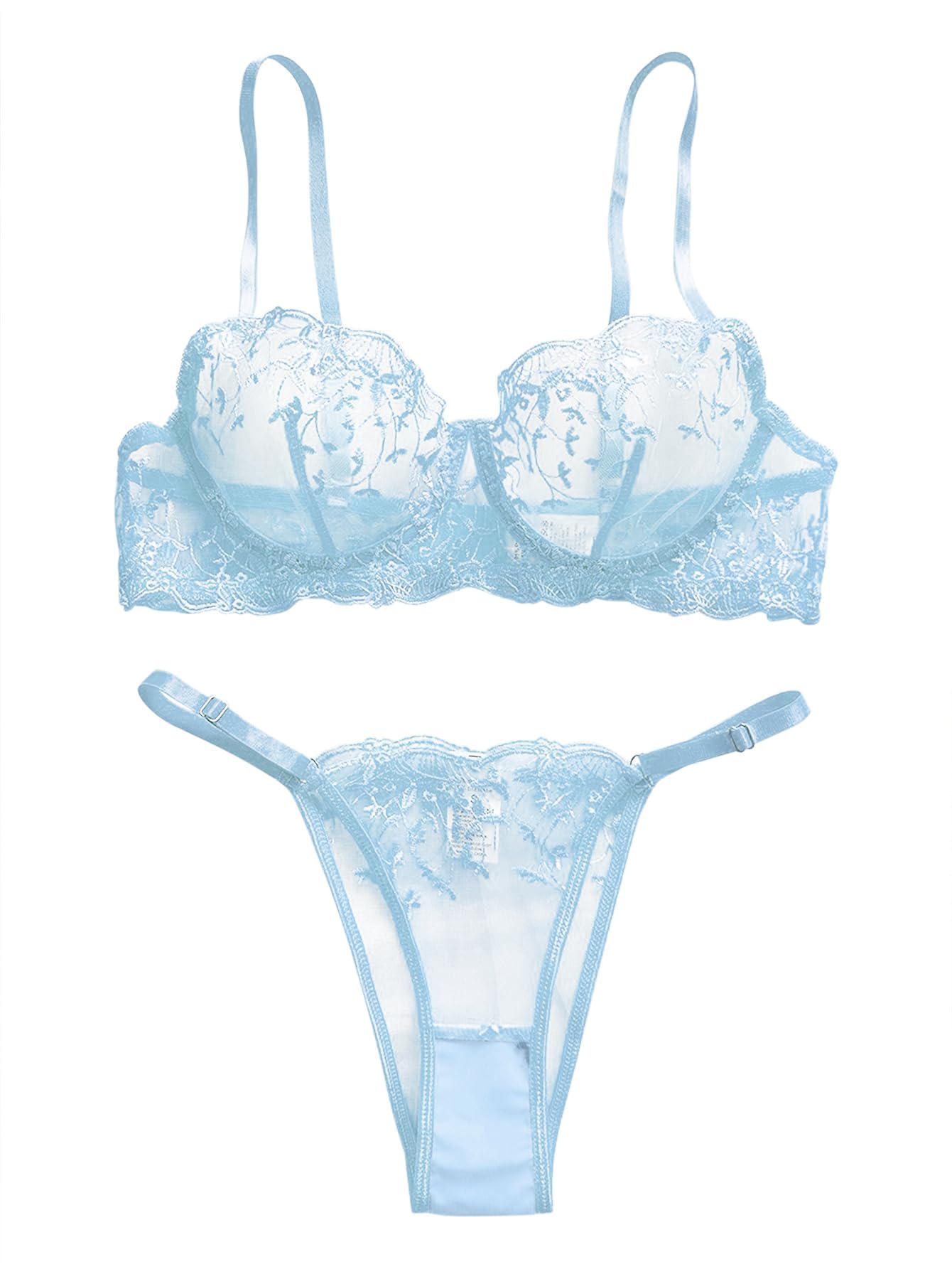 Lilosy Petite Sexy Leaf Floral Embroidered Mesh Sheer Women Underwire Push Up Lingerie Set See Through Cute Bra Panty 2 Piece Flower Light Blue 3X-Small