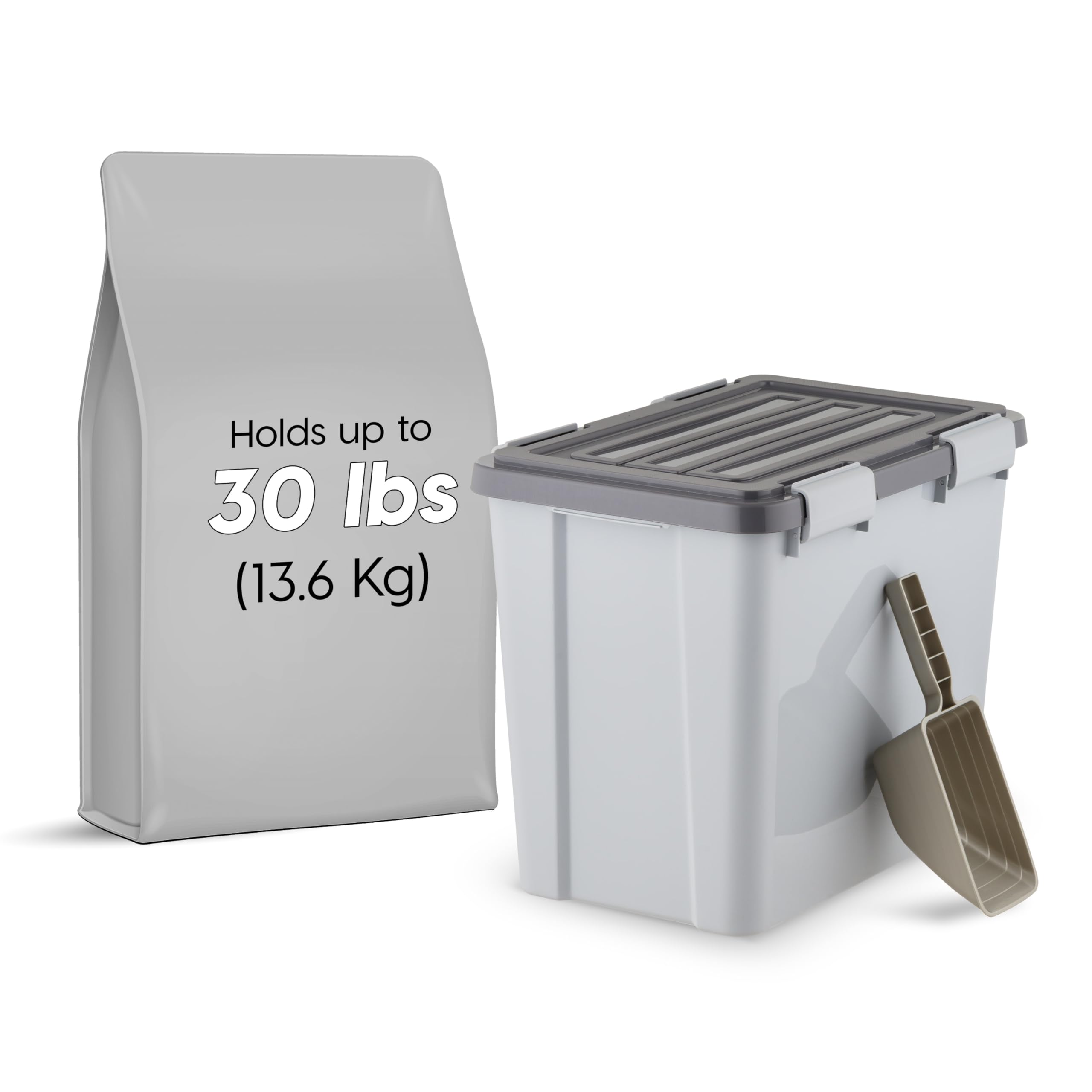 IRIS USA Stackable Dog Food Storage Container with 2 Cup Scoop, 4 Secure Latches, Fits up to 30 lbs, Pet Dry Food Bin, Gasket Seal Lid, BPA Free, Stackable, Easy Measure, Gray/Dark Gray